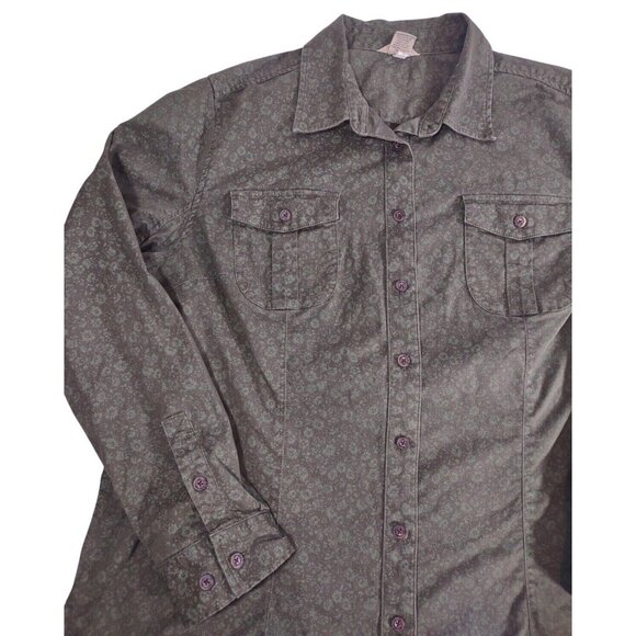 Duluth Trading Co Womens Button Up Top Size 2XL Green Floral Long Sleeve - Picture 2 of 6